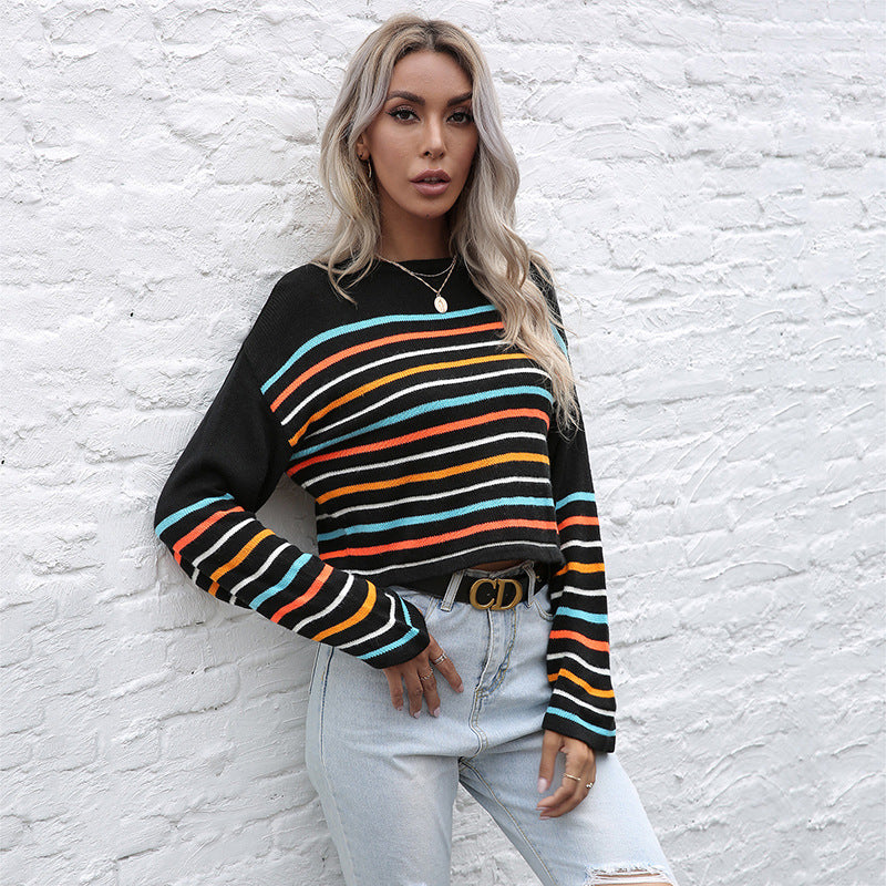 Ladies Cropped Fine Knit Sweater with Colorful Block Stripes Mune Fashion