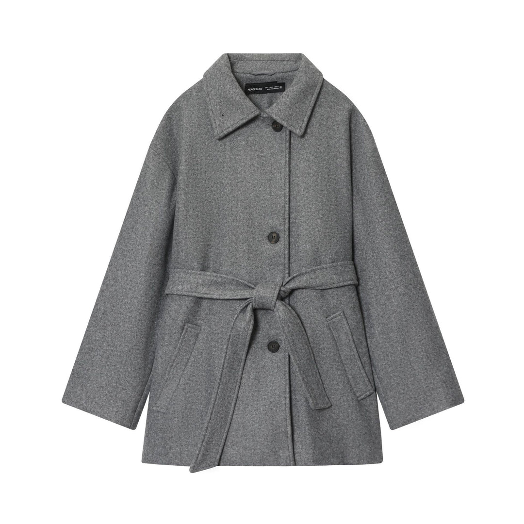 Women's short wool blend coat with tie belt, dropped shoulder and patch pockets Mune Fashion