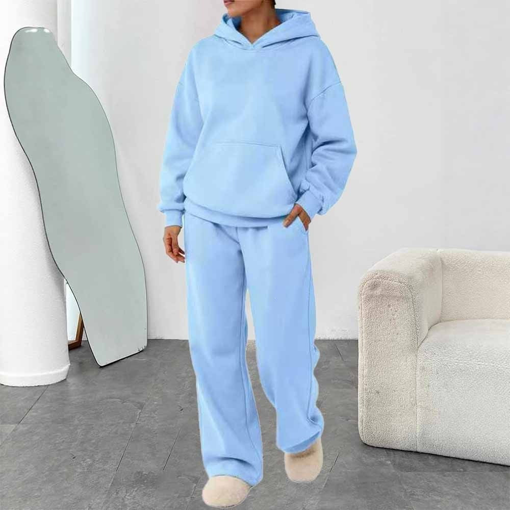 Women's two-piece leisure lounge set with hoodie, kangaroo pocket, and straight lounge pants made of soft cotton blend Mune Fashion