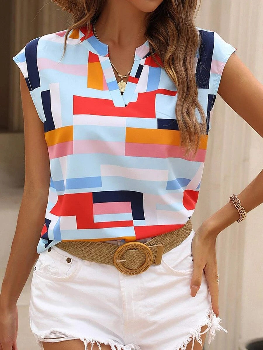 Women's Geometric Chiffon Blouse with Short Cap Sleeves and V-Slit Mune Fashion