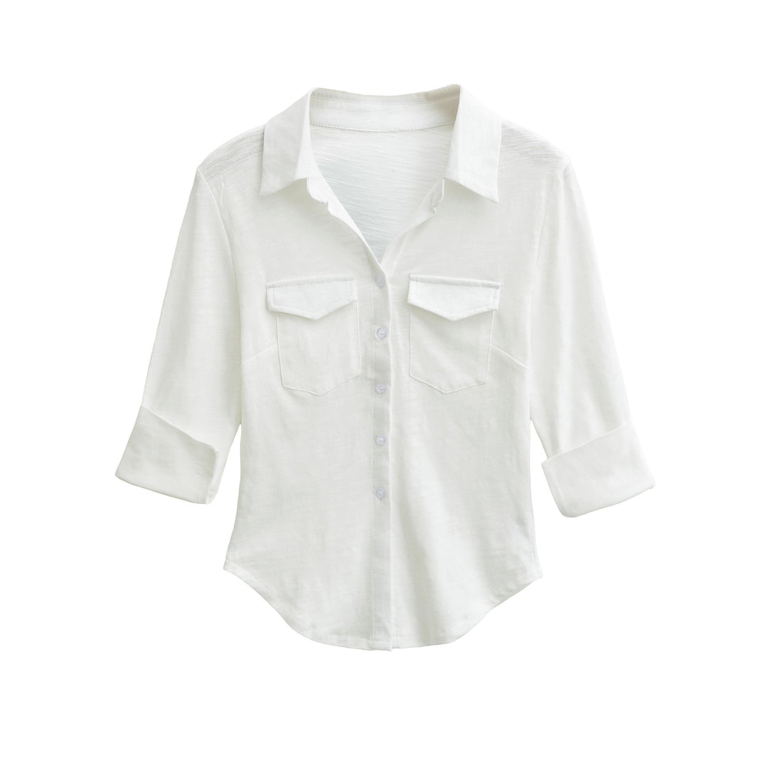 Women’s blouse shirt made of soft jersey with patch breast pockets and three-quarter sleeves Mune Fashion