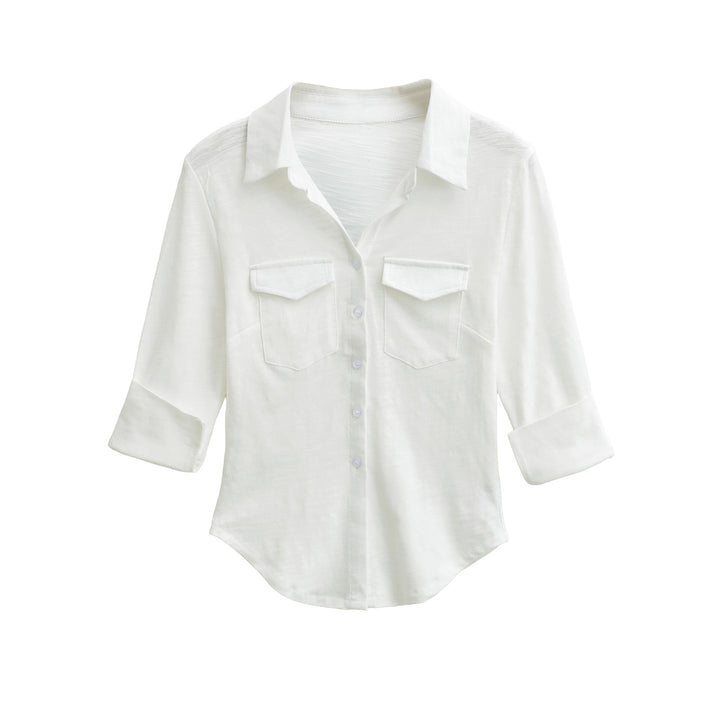 Women’s blouse shirt made of soft jersey with patch breast pockets and three-quarter sleeves Mune Fashion