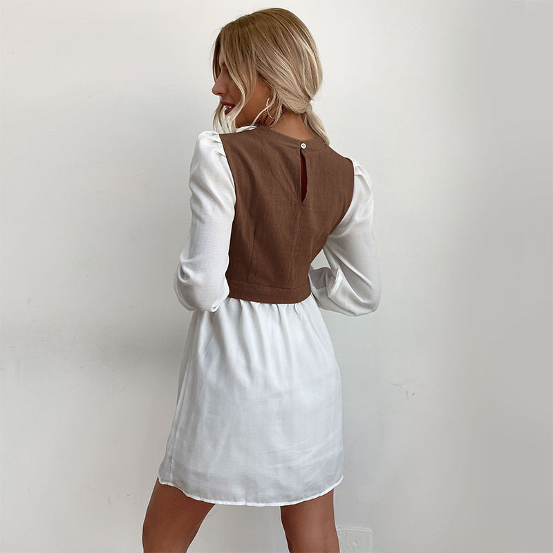 Ladies' shirt dress with inset cropped vest, puff sleeves, and tailored silhouette Mune Fashion
