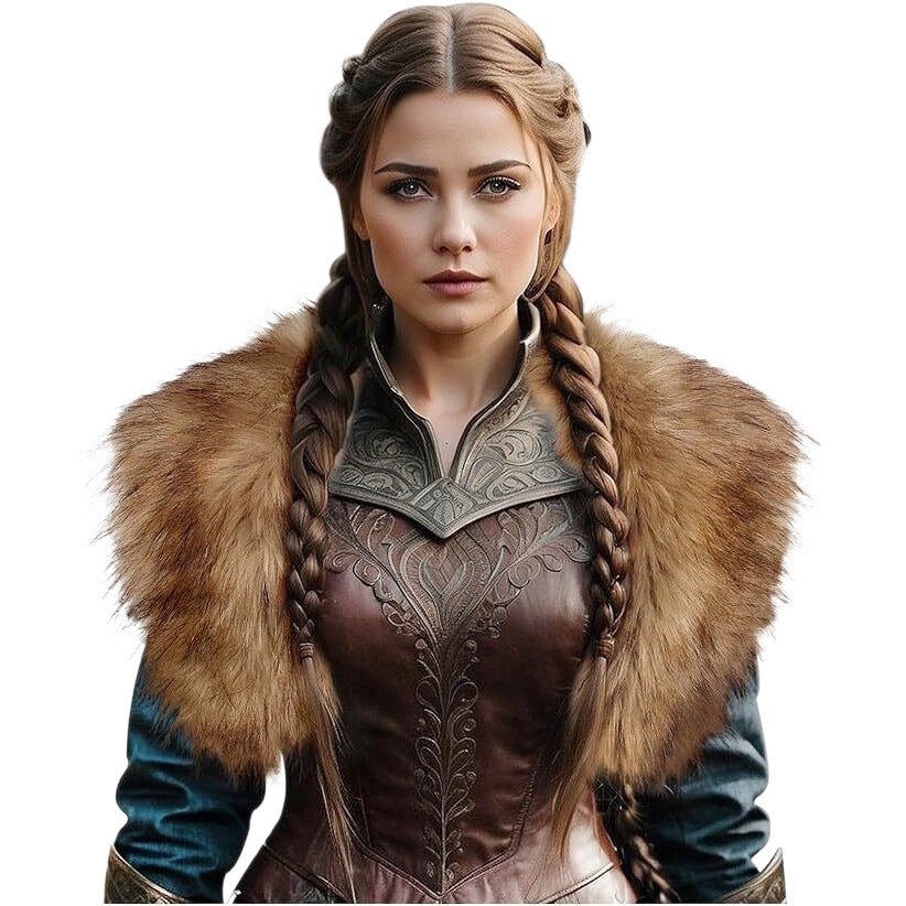 Ladies Medieval Faux Leather Breastplate with Embossed Ornamentation and Faux Fur Shoulder Collar Mune Fashion