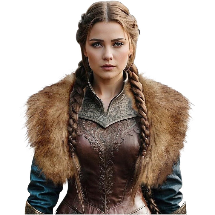 Ladies Medieval Faux Leather Breastplate with Embossed Ornamentation and Faux Fur Shoulder Collar Mune Fashion