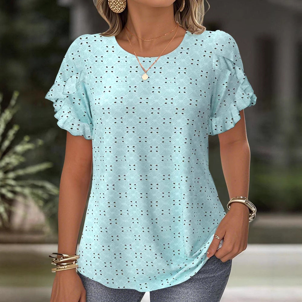 Women's Broderie Anglaise Blouse with Double Ruffle Sleeves and Casual Hip Length Mune Fashion