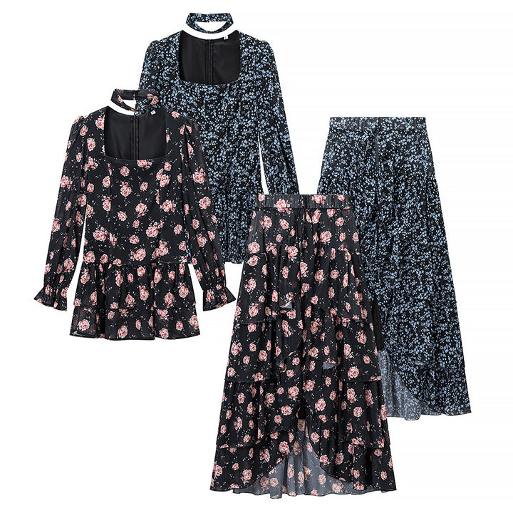 Women’s Two-Piece Chiffon Set – Tailored Ruffle Blouse with Square Neckline, Choker and Tiered Wrap Maxi Skirt Mune Fashion