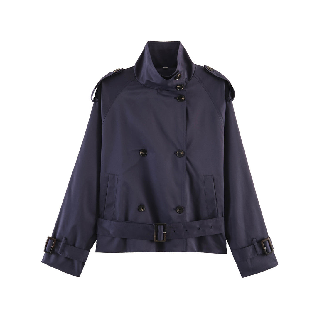Women 20+ short double-breasted trench jacket in boxy cut with stand-up collar shoulder epaulets and adjustable waist belt Drune