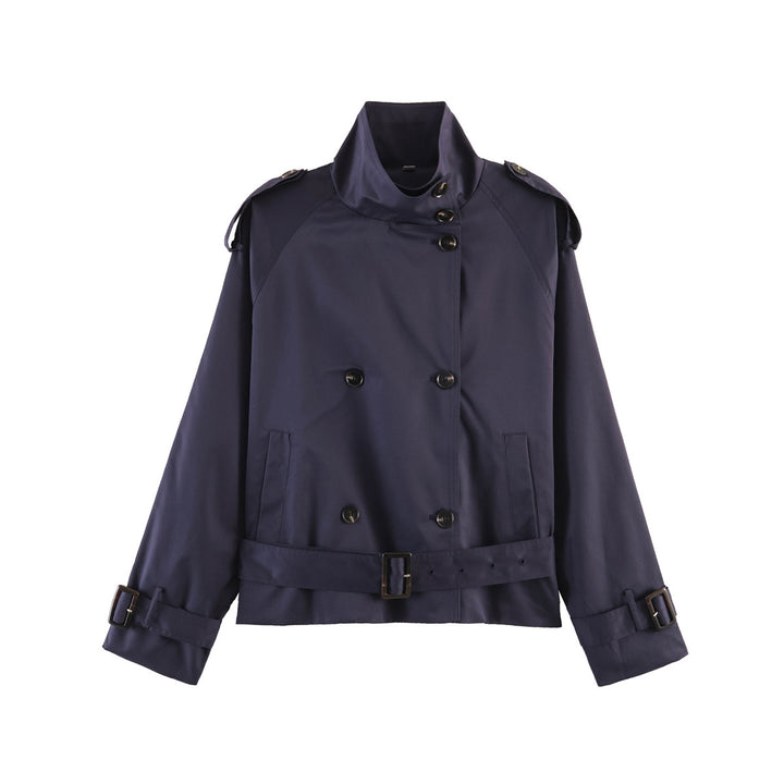 Women 20+ short double-breasted trench jacket in boxy cut with stand-up collar shoulder epaulets and adjustable waist belt Drune