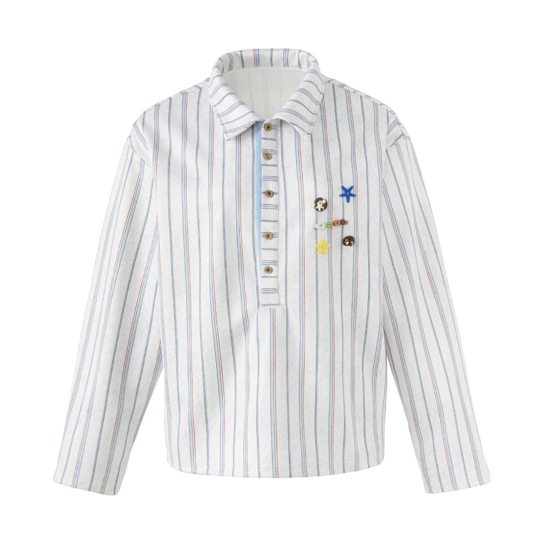 Women's Loose Long Sleeve Shirt with Half Button Placket, Striped Pattern and Decorative Buttons Mune Fashion