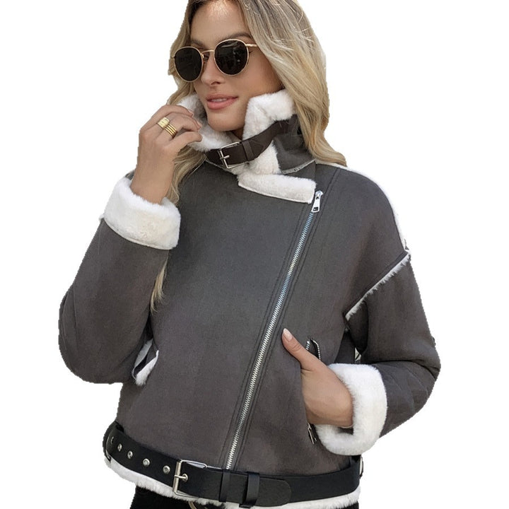Women's Fashion Faux Leather Jacket with Luxurious Faux Fur Trim
