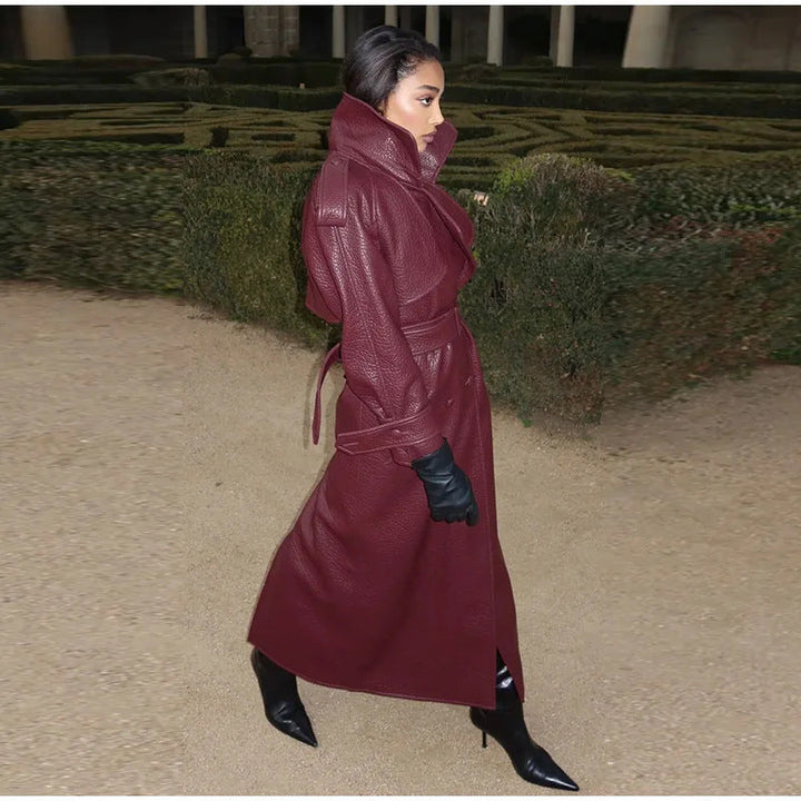 Women's Oversized Faux Leather Trench Coat with High Collar and Removable Belt Mune