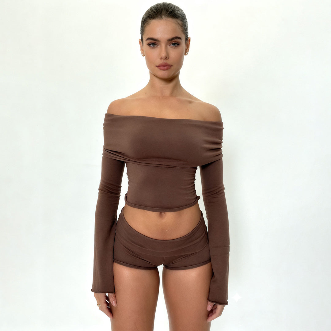 Women's Off-Shoulder Lounge Set with Long Sleeve Crop Top and High Waist Shorts made of Stretch Jersey Mune Fashion