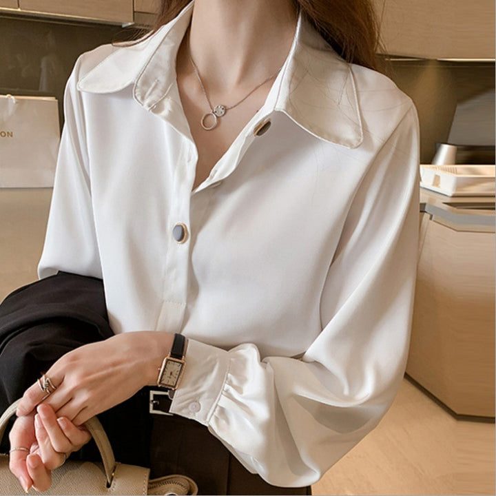 Women Elegant Silk Look Blouse with Oversized Collar and Balloon Sleeves Mune Fashion