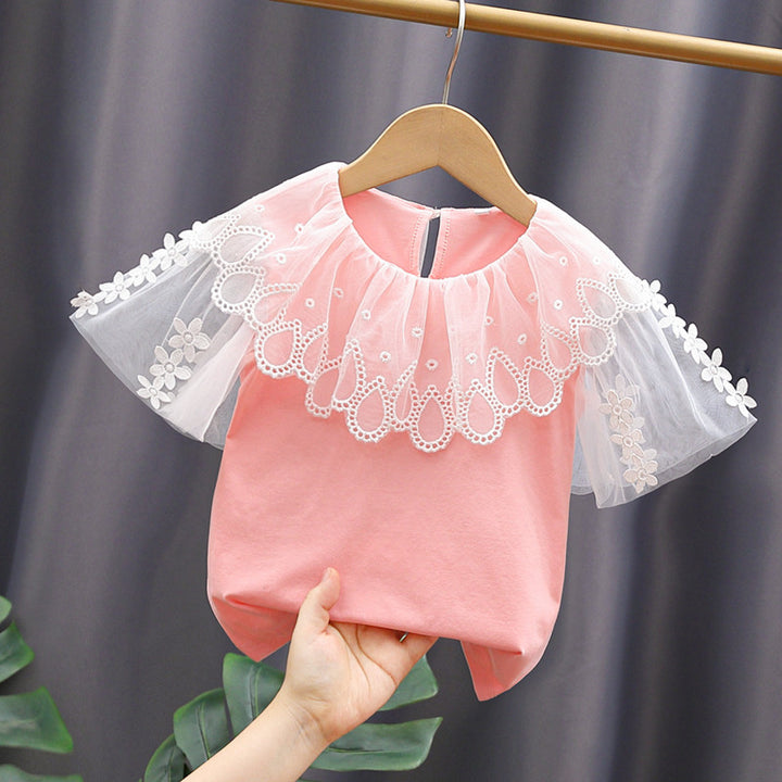 Girl's blouse with floral embroidery and tulle sleeves Mune Fashion