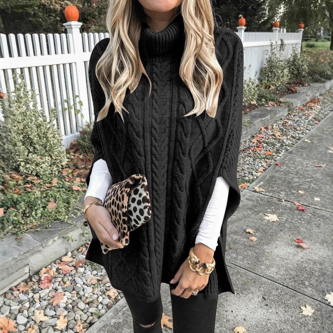 Women's Chunky Knit Poncho with High Collar and Cable Design Mune