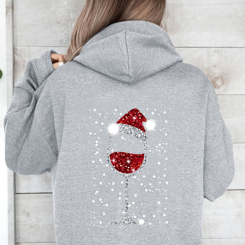 Women's Oversize Hoodie with Christmas Glitter Wine Glass Print Mune Fashion