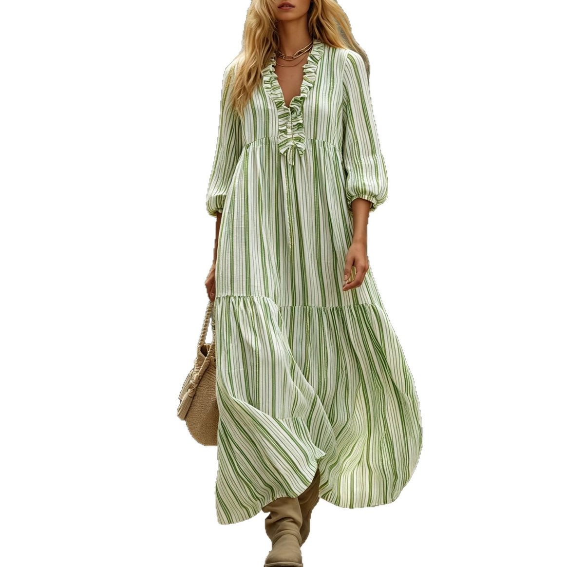 Women's Maxi Dress with Ruffle V-Neck and Balloon Sleeves Mune Fashion