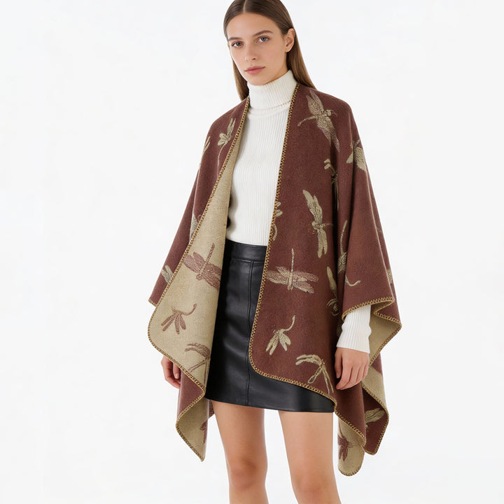 Women's Wool Blend Poncho with Dragonfly Jacquard and Open Waterfall Cut Mune Fashion