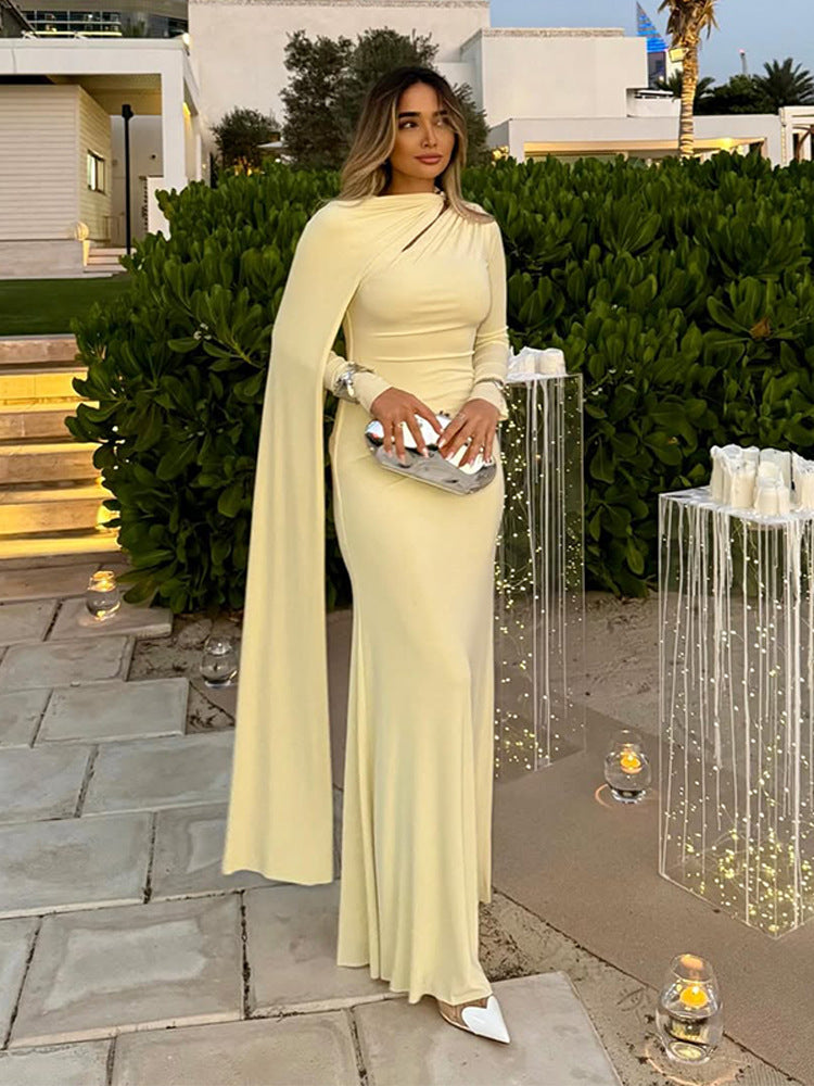 Women's Tailored Maxi Dress with Asymmetric Cape and High Collar Mune Fashion