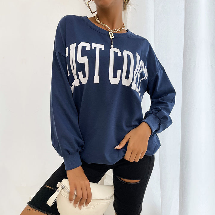 Women's Oversized Sweatshirt with College Print, Round Neckline and Ribbed Cuffs Mune Fashion