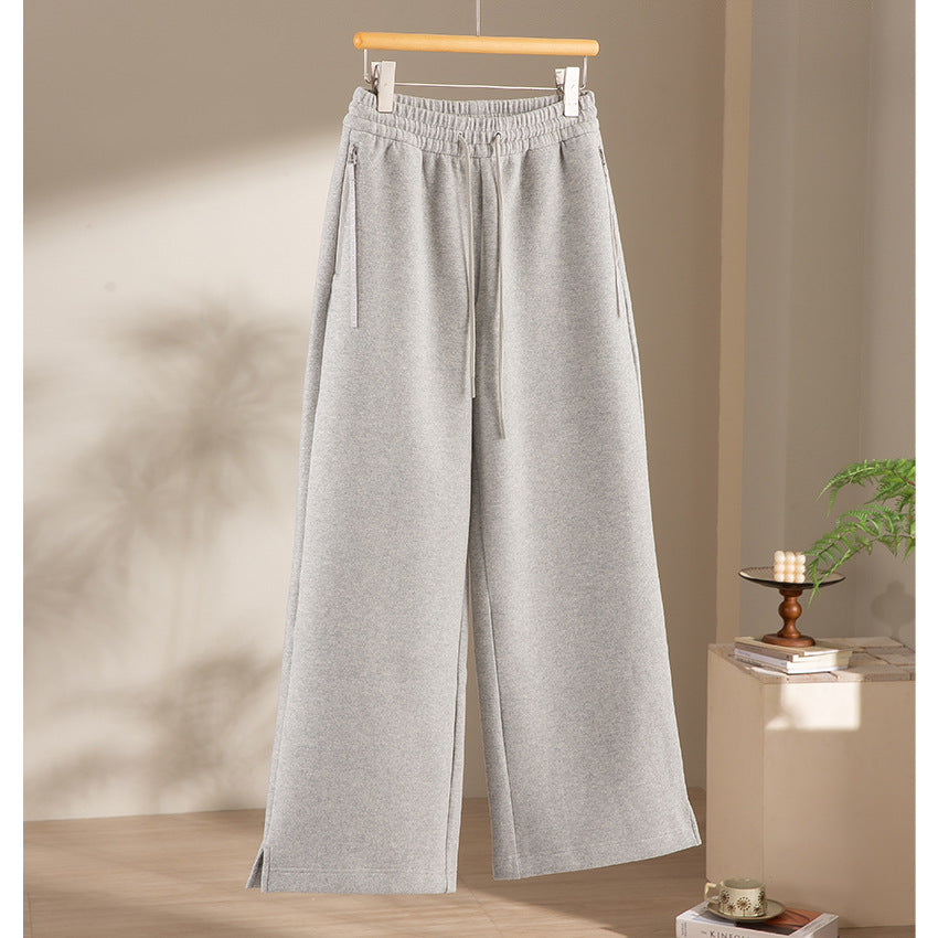 Women's wide French-Terry lounge sweatpants with high waistband, drawstring and side slits Mune Fashion