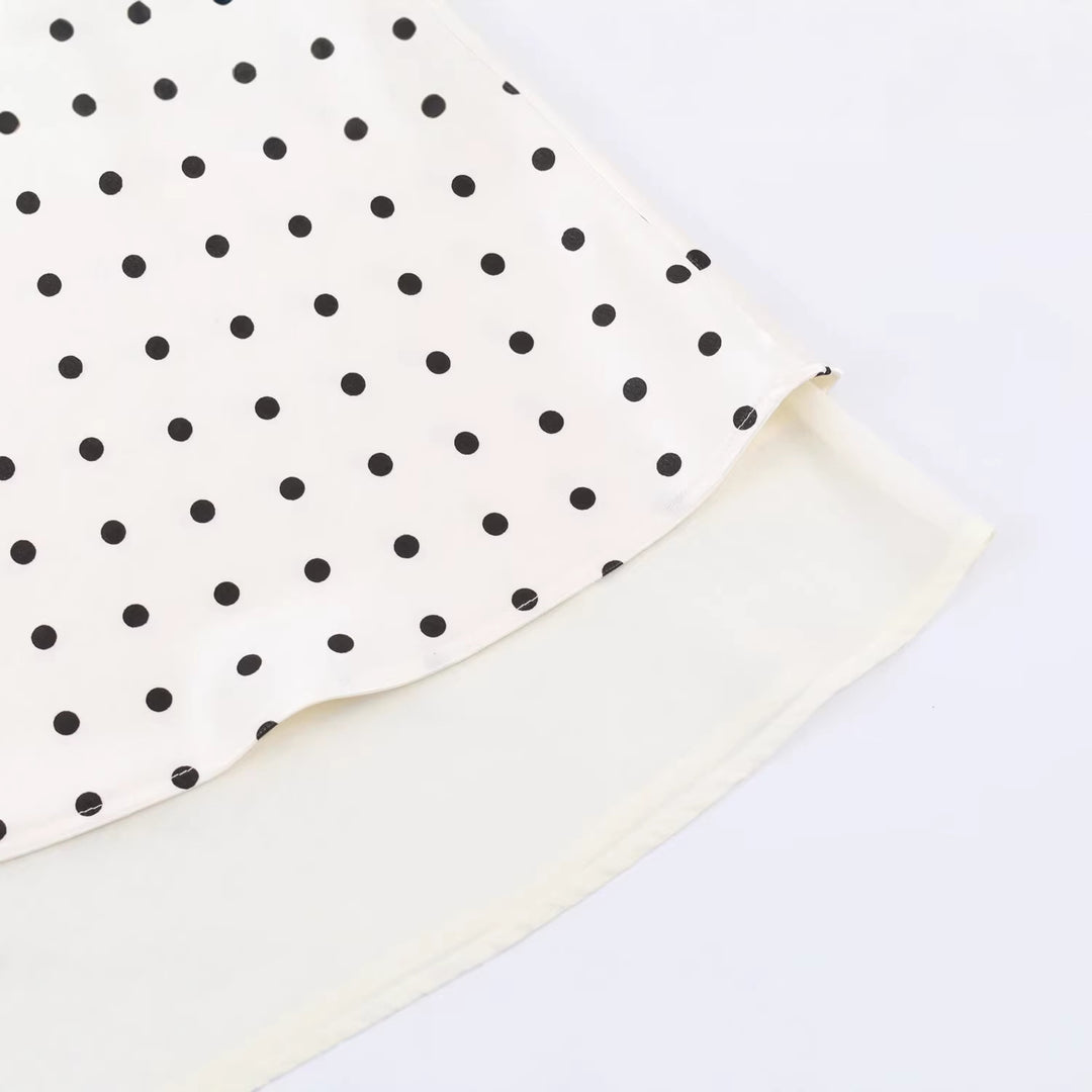 Women's A-Line Midi Skirt with Double Layer Hem and Polka Dot Print