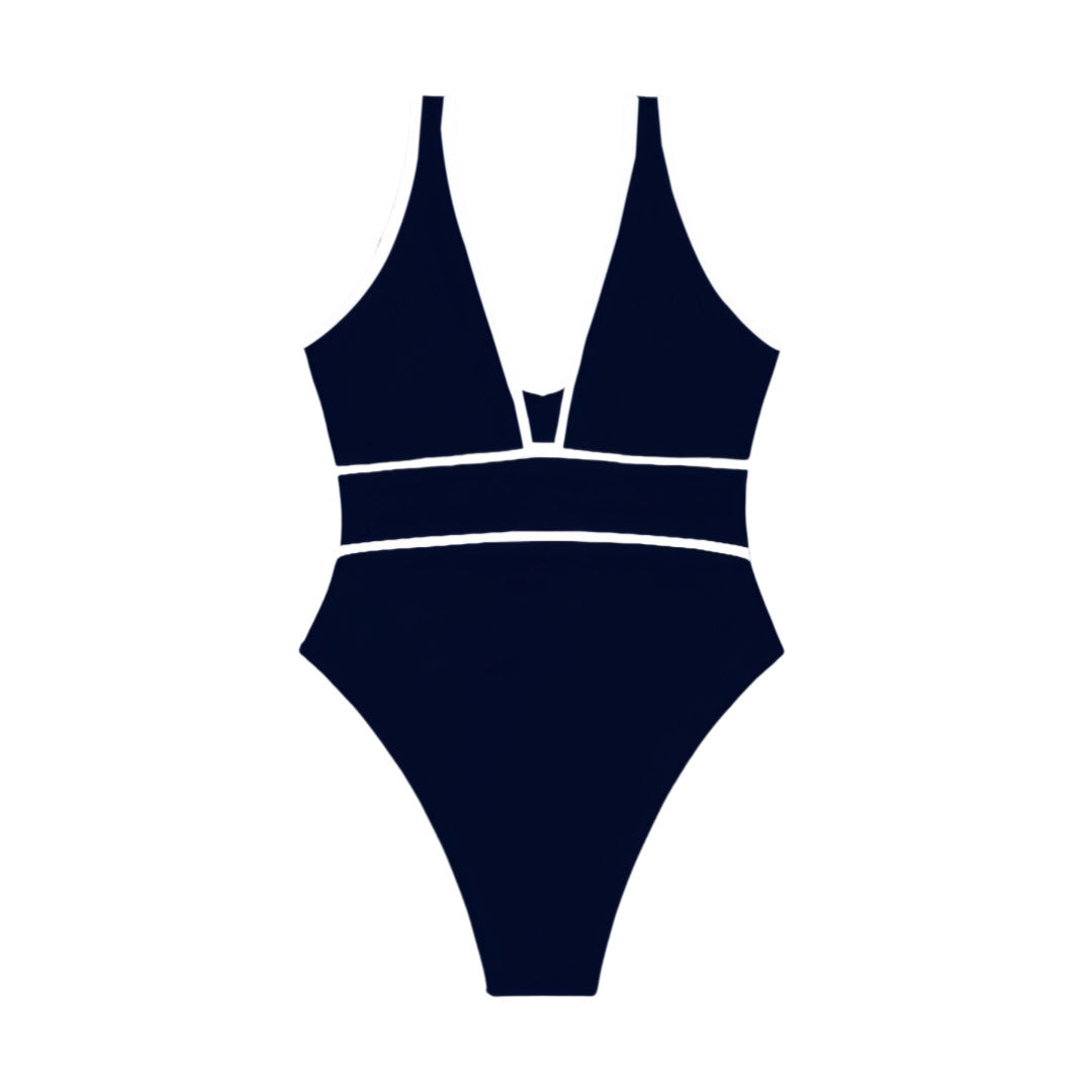 Women's One-Piece Swimsuit with Deep V-Neck and Fashionable Contrasts Mune Fashion