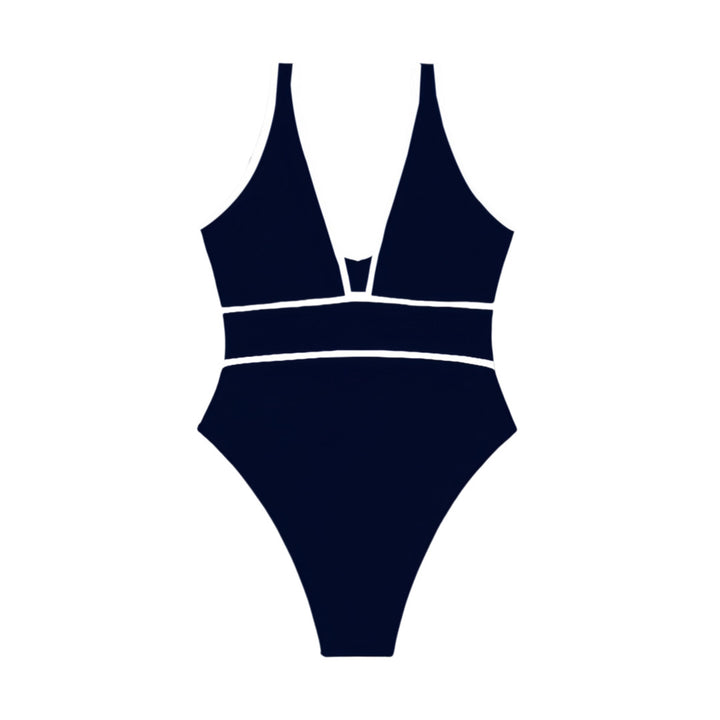 Women's One-Piece Swimsuit with Deep V-Neck and Fashionable Contrasts Mune Fashion