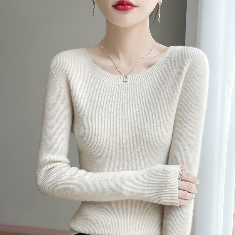 Women's Tailored Round Neck Sweater in Fine Ribbed Cashmere Look Mune Fashion