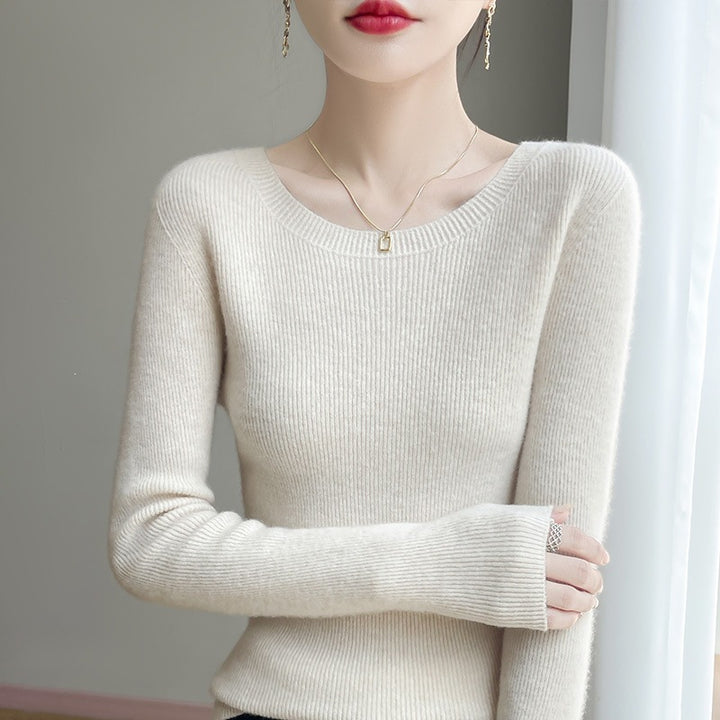 Women's Tailored Round Neck Sweater in Fine Ribbed Cashmere Look Mune Fashion