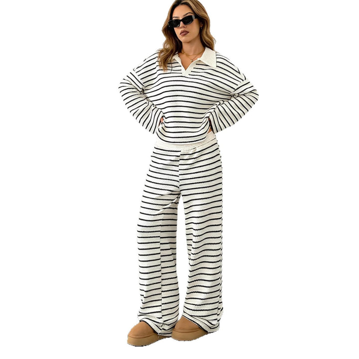 Women's Striped Knit Sweater with Polo Collar and Oversized Sleeves Mune Fashion