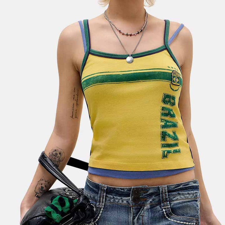 Ladies' figure-hugging cropped top with double straps and vintage Brazil print Mune Fashion