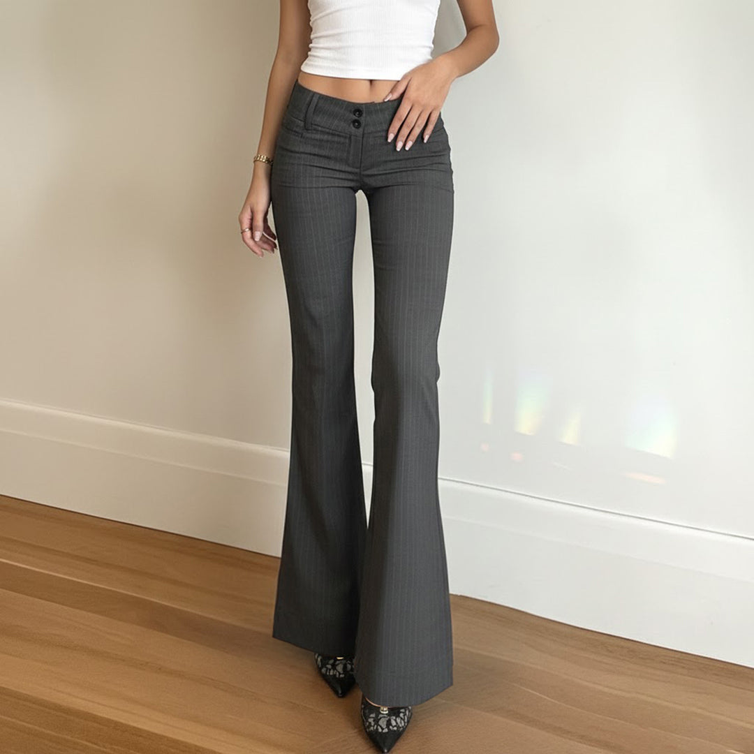 Women High-Waisted Stretch Flared Trousers with Pinstripes and Double Button Mune Fashion