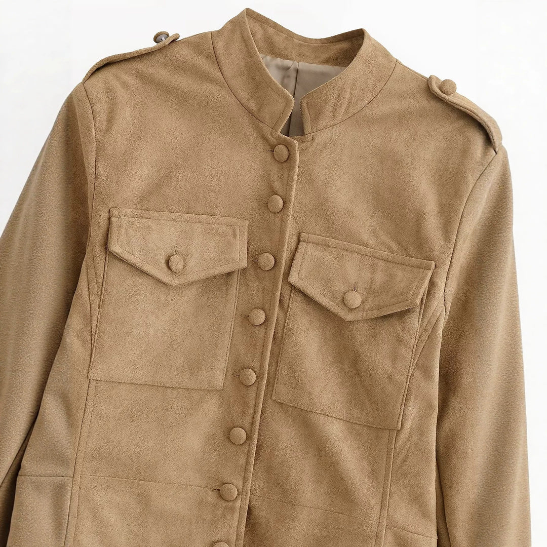 Women's Suede Look Field Jacket with Stand-Up Collar and Flap Pockets Drune
