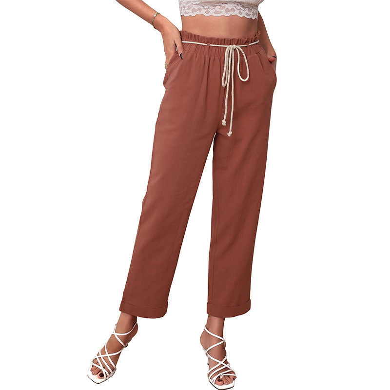 Women Light Linen Pants with Elastic Waistband, Drawstring and Cuffed Hem Mune Fashion