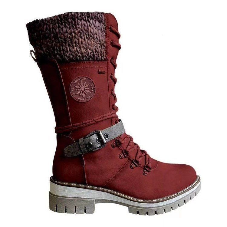 Women's knee-high lace-up boots with knit cuffs, sturdy tread sole, and side zipper Mune Fashion