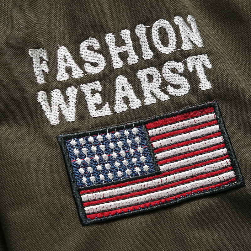 Men's bomber-style pilot jacket with badge patches, arm pocket, and shoulder epaulettes Mune Fashion