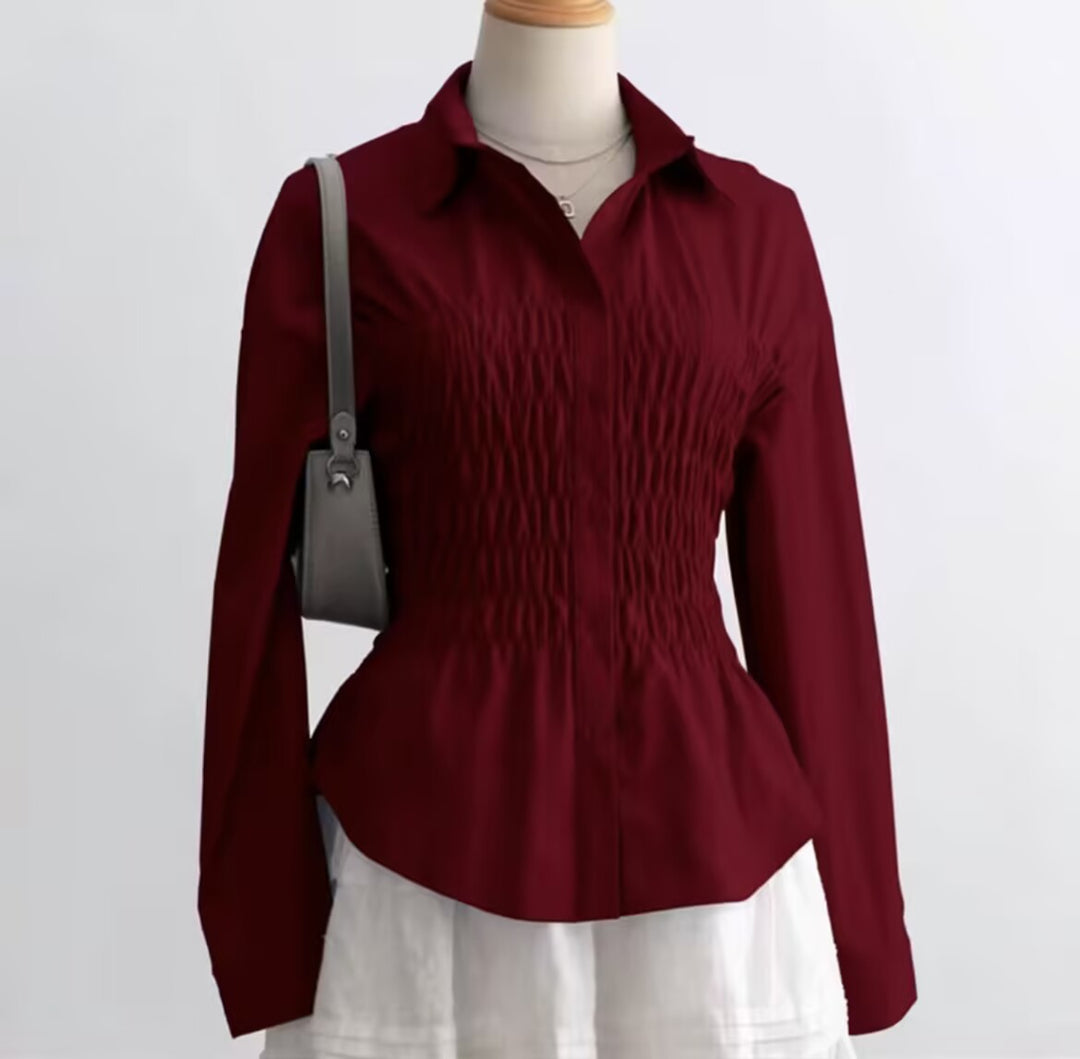 Women's tailored shirt blouse with gathered bust area and peplum Mune Fashion