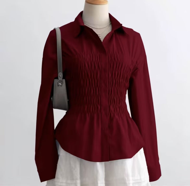 Women's tailored shirt blouse with gathered bust area and peplum Mune Fashion