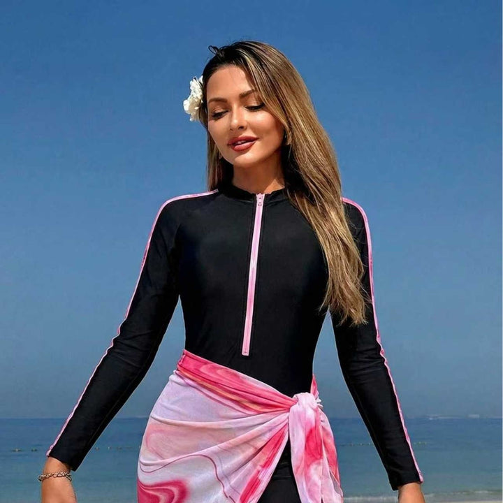 Women's Long Sleeve Surf Suit with Zipper and Wrap Skirt Mune Fashion