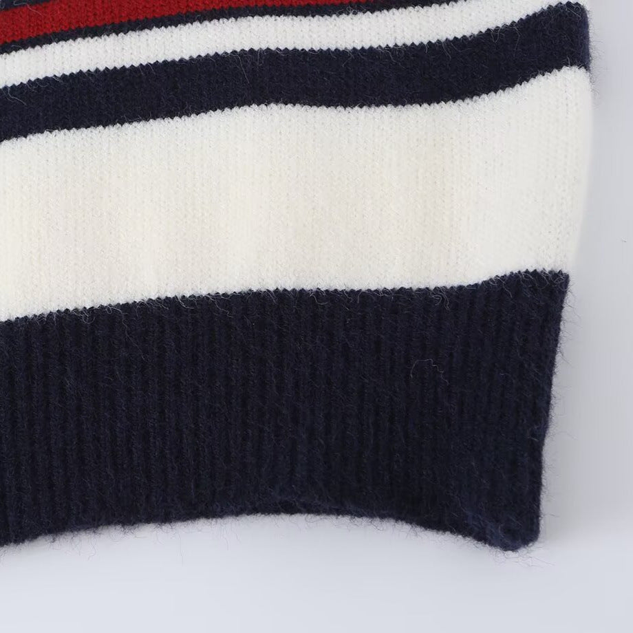 Women Striped Short Cardigan with Round Neck, Button Placket and Ribbed Cuffs Mune Fashion