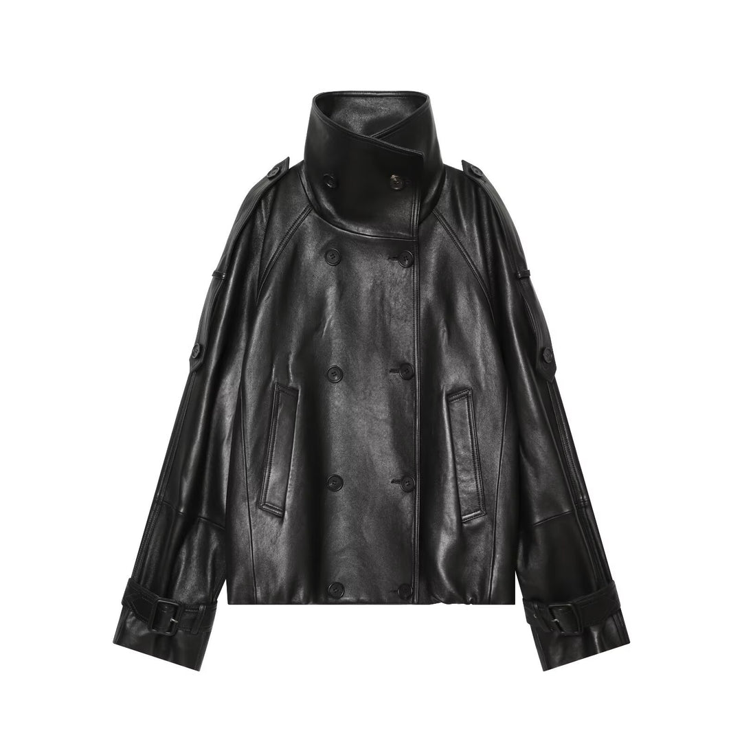 Women Oversize Leather Look Coat Cape with High Stand Collar and Double-Breasted Button Placket Mune Fashion