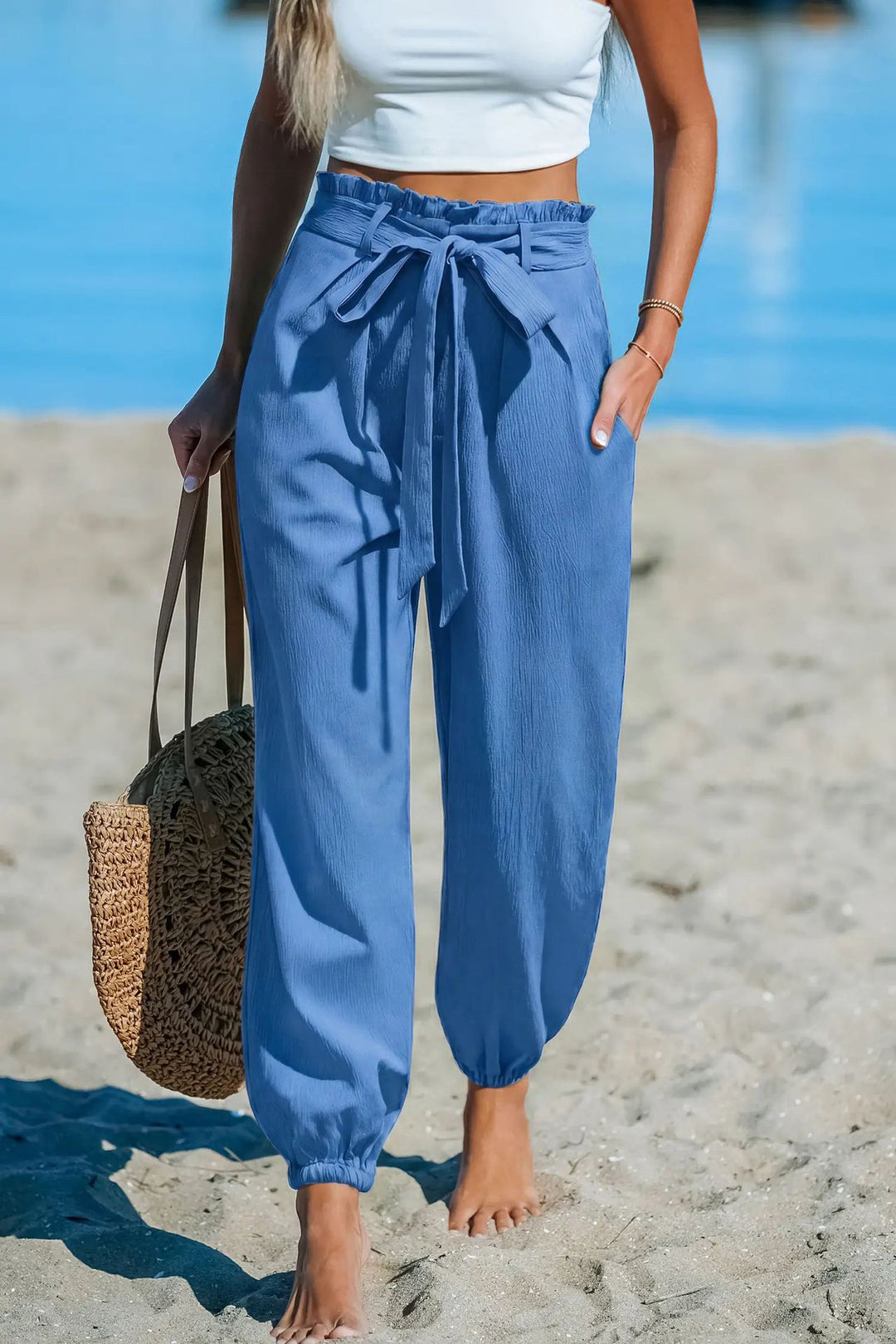 Women Lightweight Paperbag High Waist Pants with Tying Belt, Side Pockets and Elastic Ankle Cuffs Drune