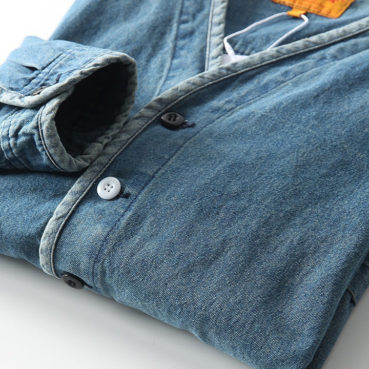Men's Lightweight Denim Blazer in Overshirt Style with V-Neck and Patch Pockets Mune Fashion