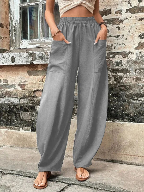 Women Wide Linen Trousers with Elastic Waistband, Patch Pockets and Casual Harem Cut Mune Fashion