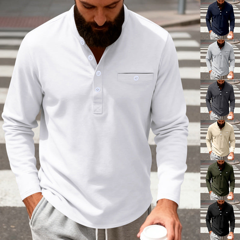 Men's long-sleeved Henley shirt with stand-up collar, breast pocket, and decorative button placket Mune Fashion
