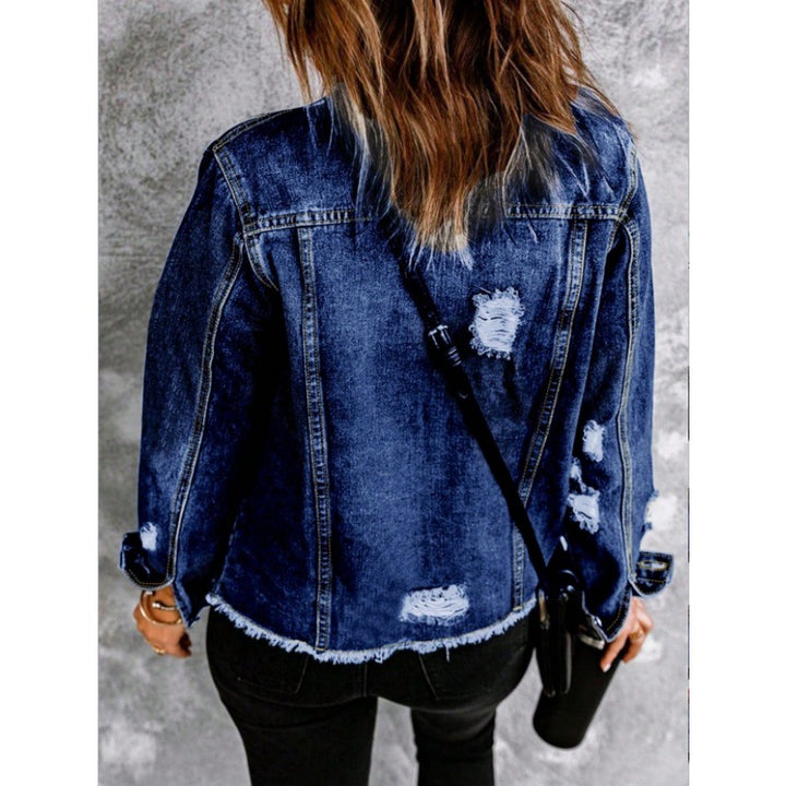 Women Tailored Denim Jacket with Destroyed Accents, Patch Pockets, and Visible Quilted Stitching Mune Fashion