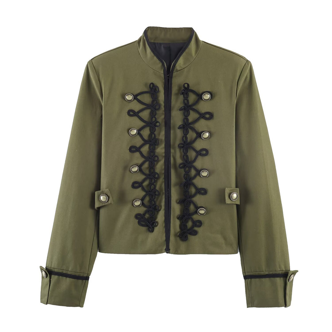 Women Military Inspired Short Jacket with Decorative Cord Overlay and Stand Collar Mune Fashion