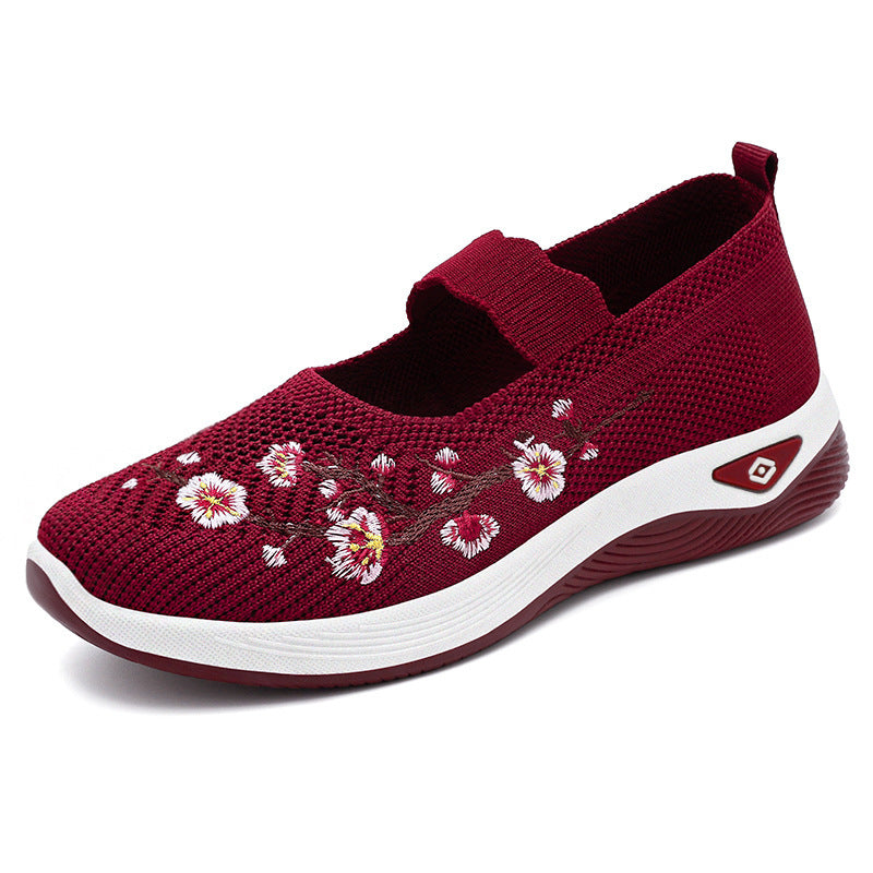 Ladies embroidered comfort ballerina with elastic Mary Jane strap, breathable knit upper and shock-absorbing EVA wedge sole Mune Fashion